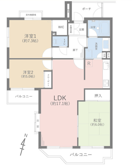 【間取り】 | ベルググランデ小田急相模原 | 3LDKは、リビングダイニングキッチンと3つの居室がある間取り。ファミリー層に非常に人気の高い間取りで、広々としたリビングで家族団らんを楽しみ、個室でプライベートな時間も確保できるのが大きな魅力です。