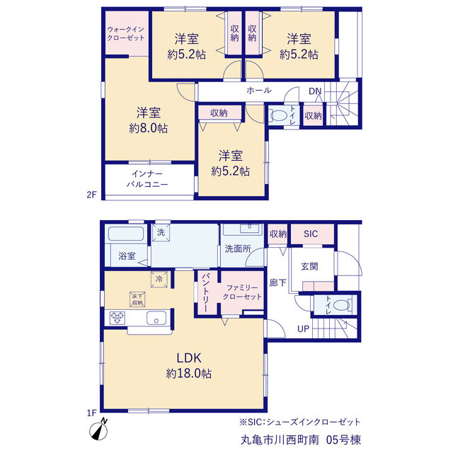 リーブルガーデン丸亀市川西町南５号棟の間取り|18帖のLDKに、パントリー・ファミリークローゼット・SICを配置。収納力が高く、家事や身支度がしやすい4LDKです。