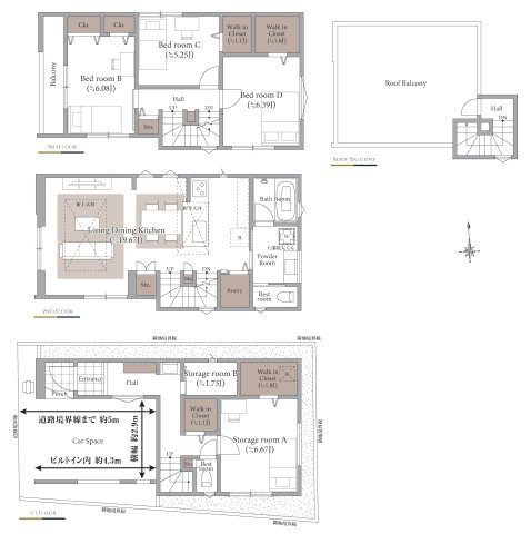板橋区前野町2丁目 限定1棟の間取り|建物面積141.95㎡(車庫部分含)
LDKは19.67帖の開放感
リビング+水回りを配した生活しやすい間取り