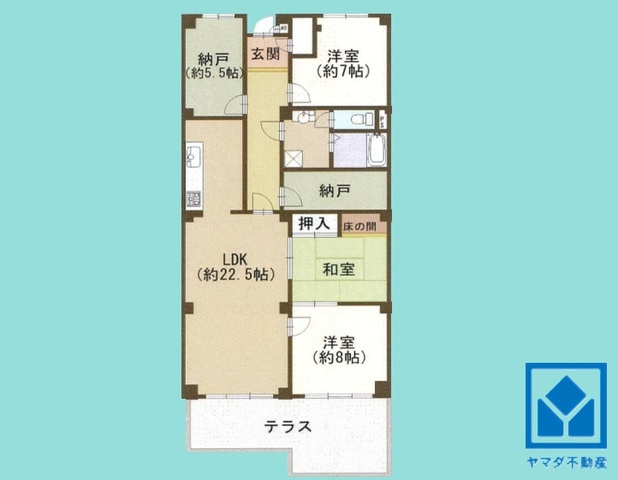 苦楽園アーバンライフ1号棟の間取り|3SLDK、専有面積121.09平米、バルコニー面積23.69平米、4階建て1階部分。