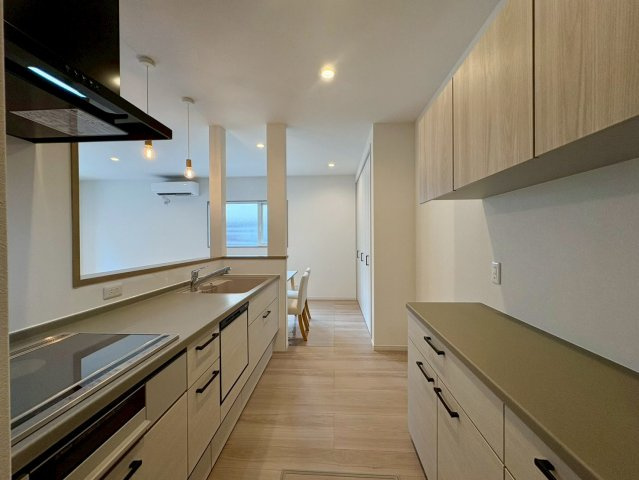 福井町　新築戸建住宅のキッチン|広々とした作業スペースを確保したキッチン。奥には便利な勝手口（または窓）があり通風も良好。