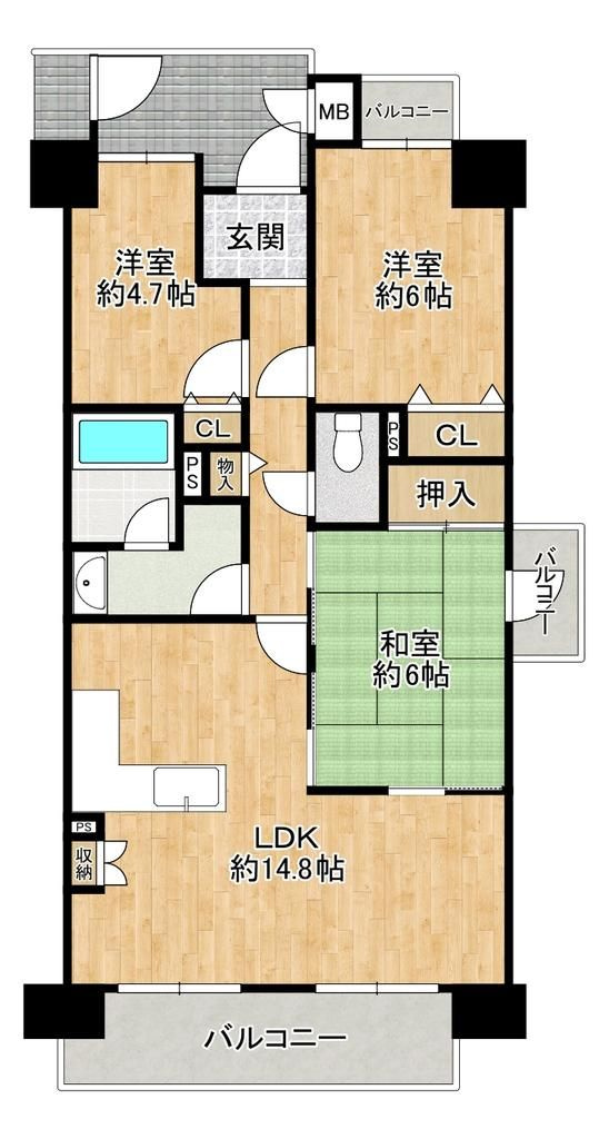 東急ドエル・アルス鶴見緑地公園の間取り|中古マンション　LDK　専有面積：68.56㎡（壁芯）　バルコニー面積：11.39㎡　南向き