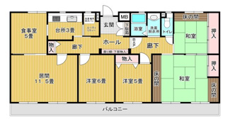 【間取り】 | 原山レジデンス | 横の長い間取りで、南東から陽が入ります。南北が短いので風が良く通る間取。４LDK　115.36㎡。