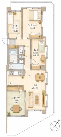 Fステージ西戸部の間取り|4LDK、価格4995万円、専有面積79.32m2、バルコニー面積24.28m2　 テラス面積26.71㎡【LDK　14.1帖】 【洋室　7.0帖・5.1帖・4.8帖】   【和室　6.0帖】 