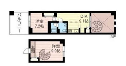 2DK 57.98㎡ DK9.1帖　洋室9.9帖　洋室7.2帖