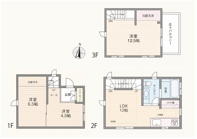 江戸川区鹿骨1丁目売戸建の間取り|3階12.5帖の開放的な洋室と広々バルコニーが、暮らしにゆとりをもたらします。