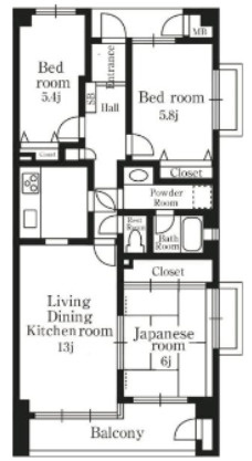 芦屋市呉川町の賃貸マンションの間取り