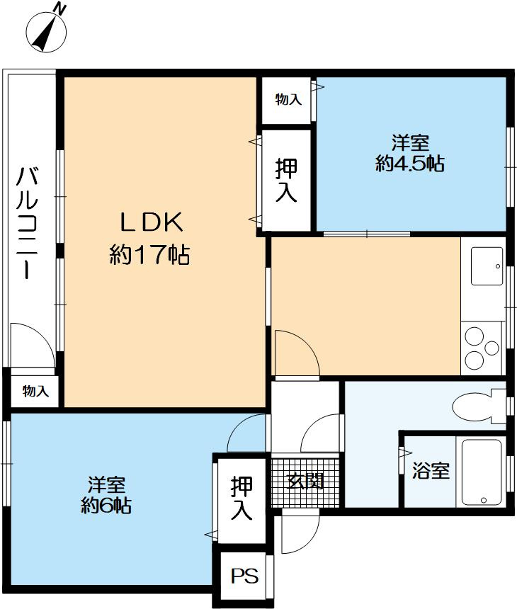 渦ヶ森コーポ壱号館の間取り|専有面積 59.57㎡ 2LDK
南向きバルコニー
室内非常に丁寧に利用されております。