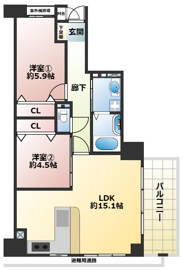 サンヴェール鶴見緑地の間取り|中古マンション　2LDK　専有面積：58.13平米　バルコニー面積：8.04平米　東向き