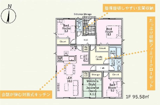 新築　藤岡市岡之郷第３　クレイドルガーデン　1号棟の間取り|建物面積95.58㎡　広々18帖リビングの4LDKの平屋のお家♪たっぷり収納ファミリークローゼット・各部屋収納付きで便利です！
