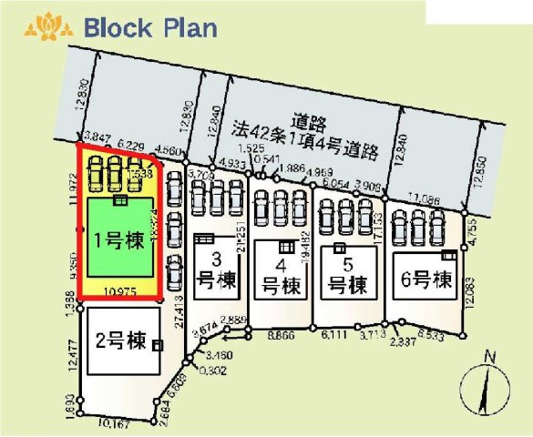 新築　藤岡市岡之郷第３　クレイドルガーデン　1号棟の区画図|1号棟　区画図　北側接道幅員約12.8ｍ

