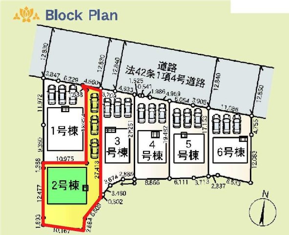 新築　藤岡市岡之郷第３　クレイドルガーデン　2号棟の区画図|2号棟　区画図　北側接道幅員約12.8ｍ

