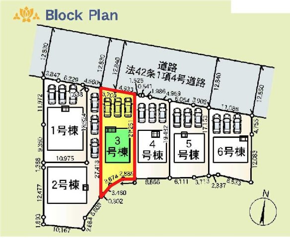 新築　藤岡市岡之郷第３　クレイドルガーデン　3号棟の区画図|3号棟　区画図　北側接道幅員約12.8ｍ

