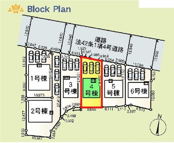 新築　藤岡市岡之郷第３　クレイドルガーデン　4号棟の区画図|4号棟　区画図　北側接道幅員約12.8ｍ

