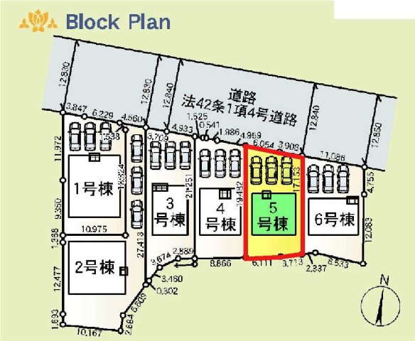 新築　藤岡市岡之郷第３　クレイドルガーデン　5号棟の区画図|5号棟　区画図　北側接道幅員約12.8ｍ


