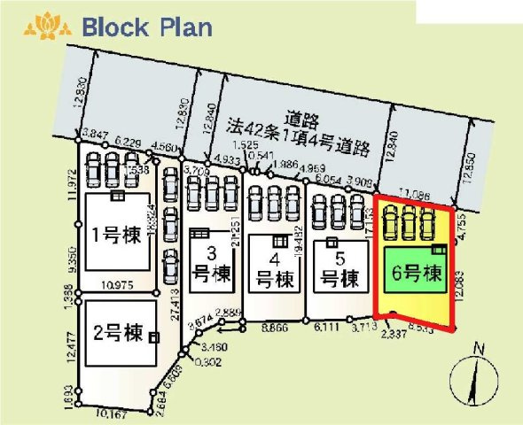 新築　藤岡市岡之郷第３　クレイドルガーデン　6号棟の区画図|6号棟　区画図　北側接道幅員約12.8ｍ

