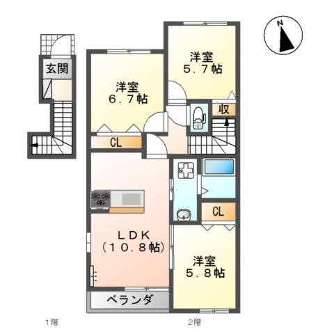 熊本市北区龍田７丁目のアパートの間取り