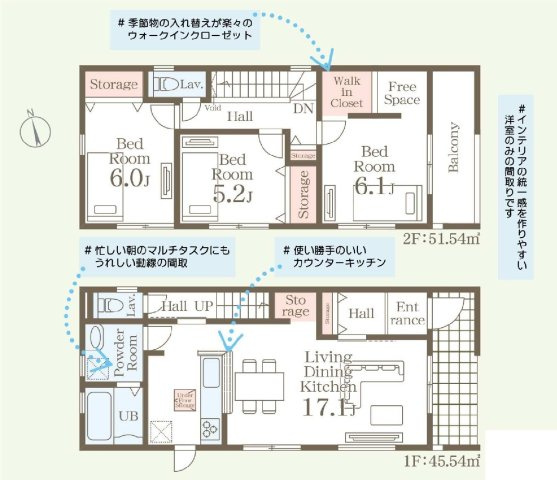 新築　藤岡市藤岡第13　Livele Garden.S　1号棟の間取り|建物面積97.08㎡　全居室南向きで日当たり良好♪フリースペース・ウォークインクローゼット・各部屋収納付きで便利です！インナーバルコニーなので急な雨でもお洗濯物も安心です。