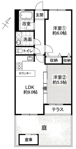 戸坂第一コーポラスの間取り|リビング横の洋室②と、独立性がある洋室①の2LDK。生活シーン別の快適性がある間取りです。