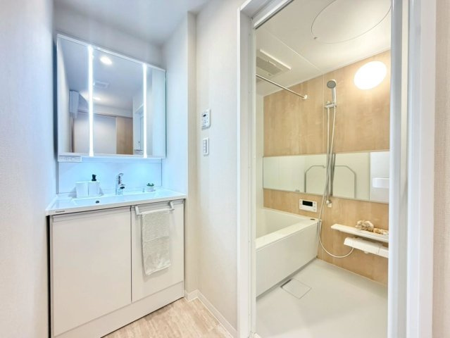 ライオンズヒルズ堺堀上町の洗面所|身だしなみを整えるのに重宝するシャワー付きの洗面台です♪洗面台に収納もあるため、整頓しやすいですね！