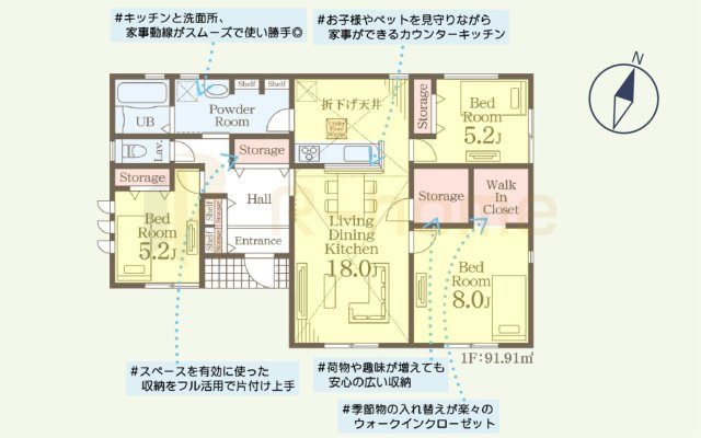 第1石岡市東光台　新築戸建て　1号棟の間取り|3LDK＋WIC、土地面積246.90m2、建物面積91.91m2