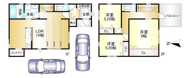 香芝市北今市2丁目の間取り|3LDK　土地面積：102.83ｍ2　建物面積：93.57ｍ2　駐車2台可