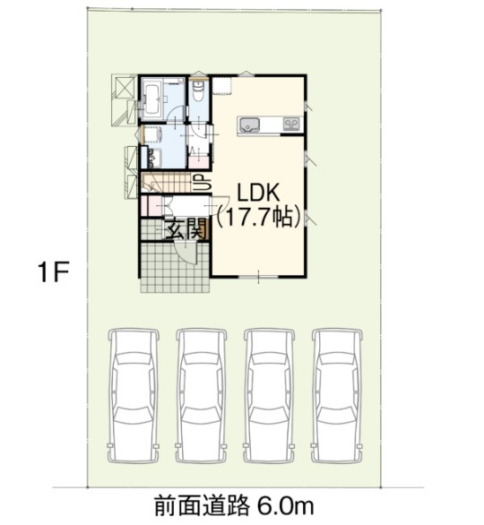 山形市沼木【2号棟】Z空調の区画図|全体区画図。並列で4台駐車可能です。車種によります。