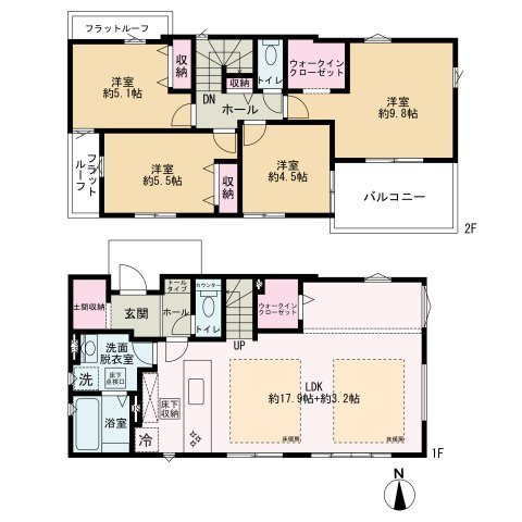 草加市谷塚町25期　新築分譲住宅の間取り|1階のリビング横と、2階の主寝室（約9.8帖）にそれぞれ大型のWICを設けた高い収納力。