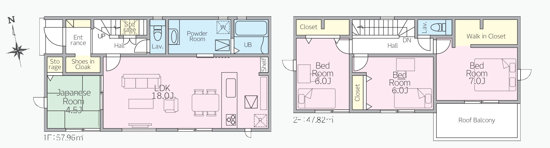 【新築戸建】藤岡市下栗須24-1期の間取り|■間取り図（1号棟）｜敷地面積：187.60（約56.75坪）　建物面積：105.78（約32.00坪）