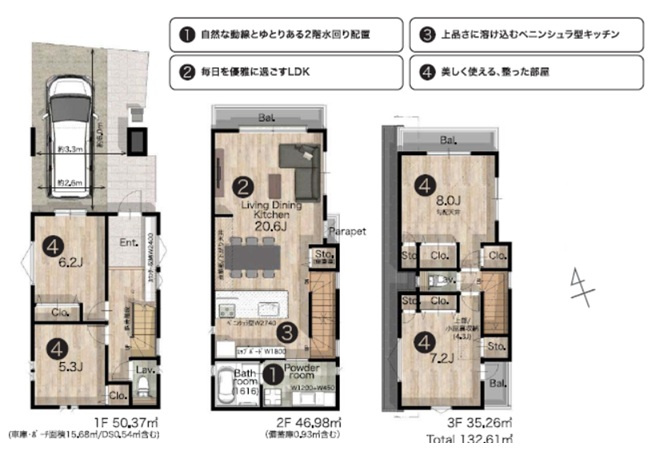 目黒区上目黒　建築条件付売地B区画の参考プラン|LDK20帖以上の4LDK　延床：132.61㎡　建物参考価格：4200万円