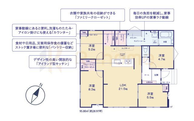 水戸市住吉町4期　新築戸建て　5号棟の間取り|4LDK＋WIC＋パントリー＋ファミリークローク、土地面積250.31m2、建物面積95.80m2
