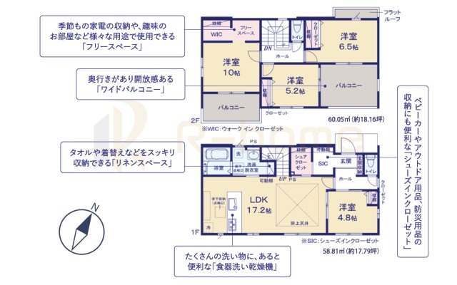 水戸市住吉町4期　新築戸建て　7号棟の間取り|4LDK＋WIC＋SIC＋シェアクローゼット、土地面積250.18m2、建物面積118.86m2