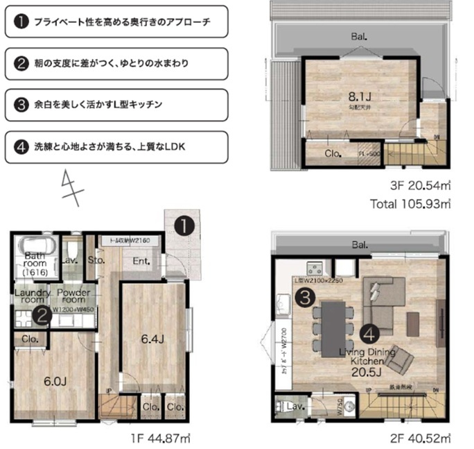 目黒区上目黒　建築条件付売地A区画の参考プラン|LDK20帖以上の3LDK　延床：105.93㎡　建物参考価格：3700万円
