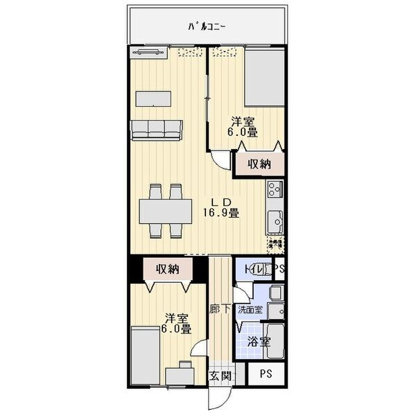 西宮市下大市東町の賃貸マンションの間取り