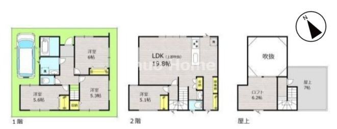 江戸川区平井3丁目新築分譲住宅の間取り|【B号棟間取り】4LDK・パントリー・ロフト・ルーフバルコニー・カースペース