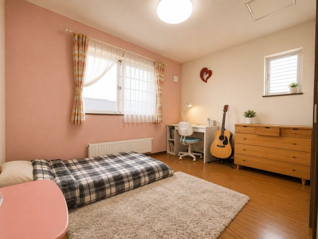 曙12条1丁目　一戸建ての洋室|2階約6帖の洋室（南東向き）：2面に窓がある明るい洋室、アクセントクロス仕様で子供部屋としてピッタリのお部屋、一面張替で雰囲気を変えることも可能