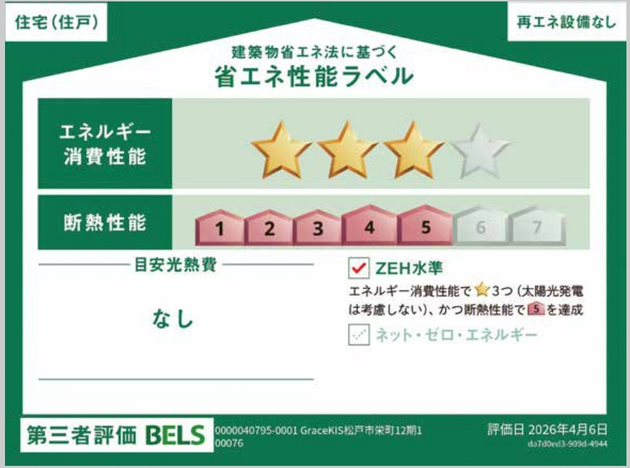 松戸市栄町８丁目新築戸建【旭町小学校：5分】の省エネ性能ラベル|省エネ性能ラベル・ZEH水準