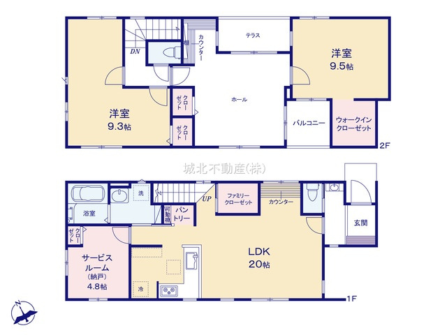 練馬区関町南1丁目 全2棟 2号棟の間取り|建物面積120.58㎡ 2階建て3LDK
広々した20.0帖のLDKのには多目的にお使いいただけるスタディカウンターもございます