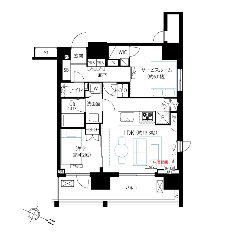 ピアース渋谷ＷＥＳＴの間取り|ピアース渋谷ＷＥＳＴ：居室としても使用可能なサービスルームが付いた１ＳＬＤＫ新規内装リフォーム物件は角部屋＆ワイドバルコニー付のお部屋です♪
