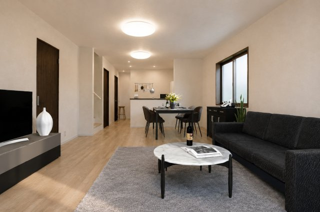 昆陽南3丁目の居間・リビング|―LDK18.3帖―どんな家具でも合わせやすいリビングは、家族の暮らしを支える頼もしい空間。（イメージパース）