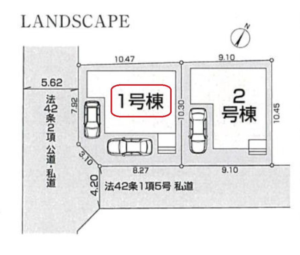 所沢市松郷・全2棟　新築一戸建　1号棟の区画図|【全2棟・1号棟】カースペース2台分。