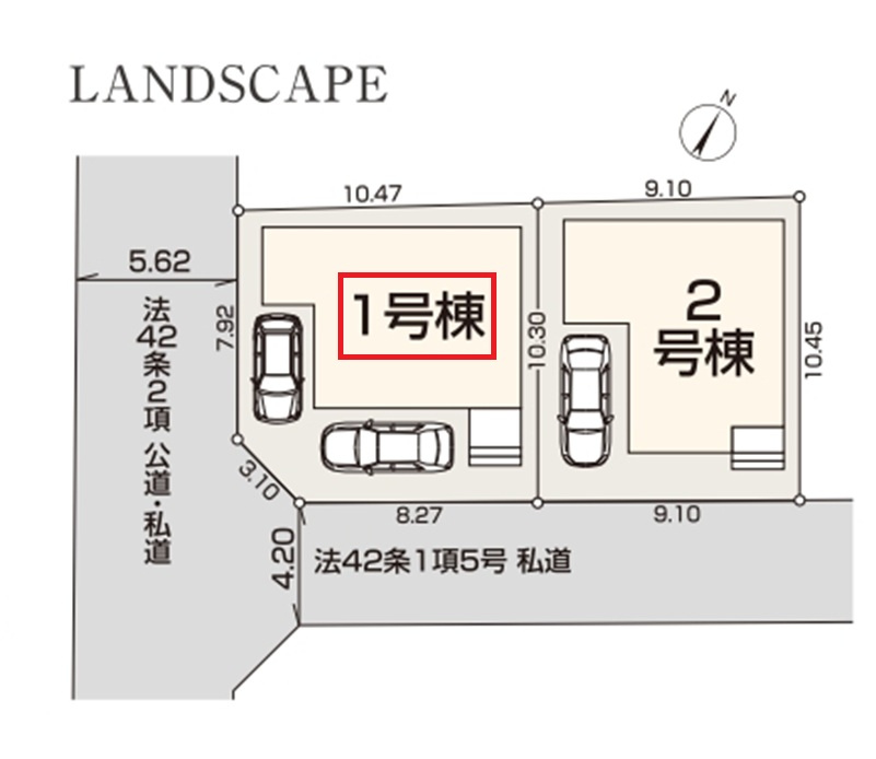 所沢市松郷・全2棟　新築一戸建　1号棟の区画図|【全2棟・1号棟】カースペース2台分。