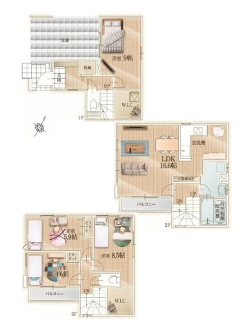 福岡市博多区板付4丁目第2-3棟（2号棟）　の間取り|全居室収納付きで便利です。