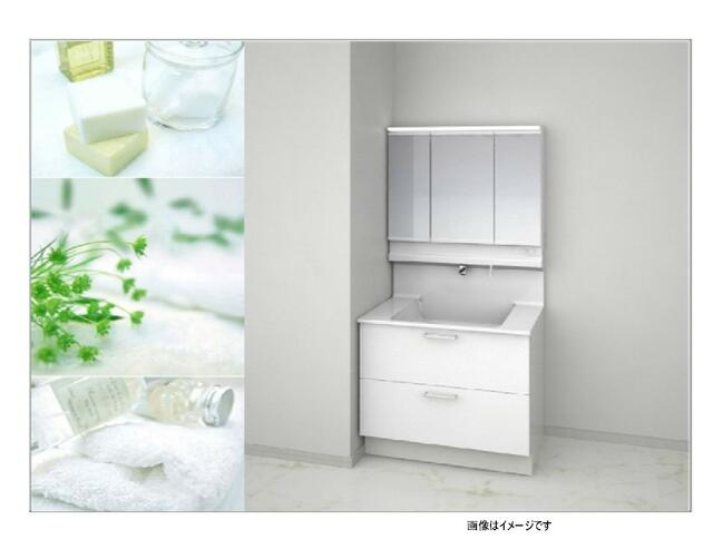 【トーヨーホーム売主/売建】緑区清水山二丁目Ａ分譲の洗面所|TOTO　オクターブLite（同仕様）
扉色をお選びいただけます。(差額代金あり）
間口900ｍｍのワイドサイズ。
またミラーは三面鏡になっており、収納も2段引き出しのたっぷり収納。