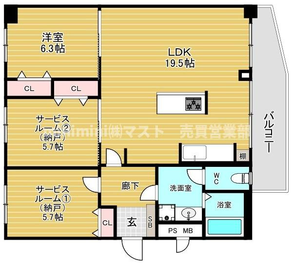 サンメゾン与力の間取り|◆約19.5帖の広々LDKが魅力！1LDK＋2サービスルームのゆとりある間取り。書斎や子ども部屋など、多彩なライフスタイルに対応できます。