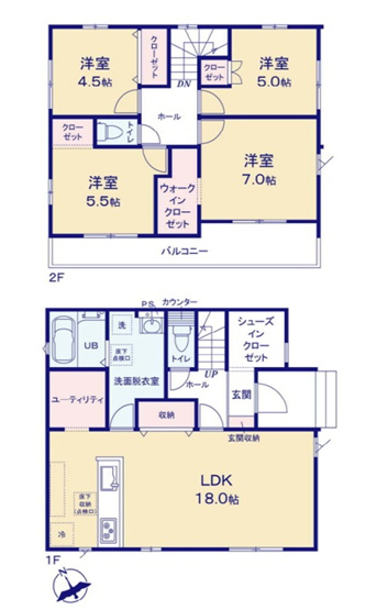 【間取り】 | 高崎市棟高町　新築住宅 | 18帖の広々としたLDKには家事効率を高めるユーティリティや収納を配置。2階には4室を確保し、全室クローゼット付きで収納豊富。WICやSICも備え、家族の暮らしやすさを追求した機能的な間取りです。