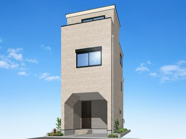 横浜市西区久保町の新築一戸建の完成予想図|外観のイメージパースです。
お洒落な外観で完成が楽しみです。