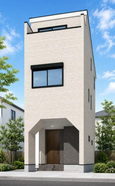 横浜市西区久保町の新築一戸建の完成予想図|外観のイメージパースです。
お洒落な外観で完成が楽しみです。
※背景はCGでのイメージになり、実際とは異なります。
