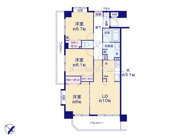 マイキャッスル八王子暁町ガーデンヒルズの間取り|～南西向き3LDK　角住戸につき風通しも良好、全室6帖以上の快適住空間～