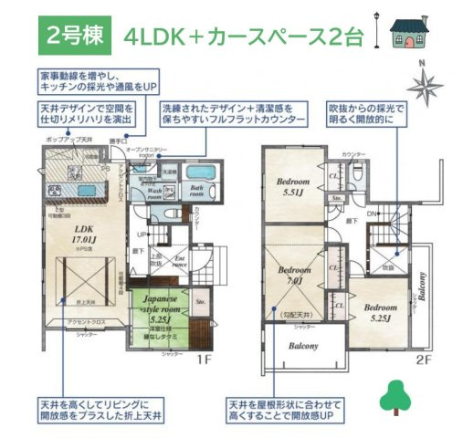 【間取り】 | 全居室収納完備し、お部屋ごと荷物もスッキリ片付く４LDK◎　
キッチンからの洗面・浴室までの動線良く、家事効率もUPいたします。